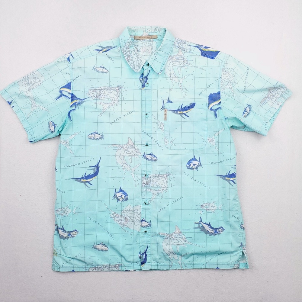 Columbia Shirt Mens L Blue River Lodge Fishing Sea Currents Marlin Pompano Maps